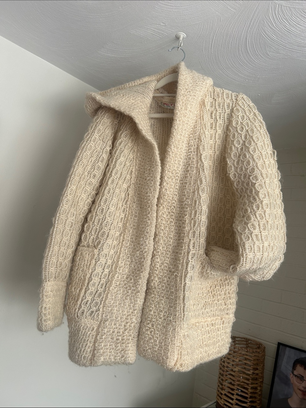 🧶100% Wool Greek Vintage Open-Front Pocket Hooded Knit Women's Cardigan Sweater